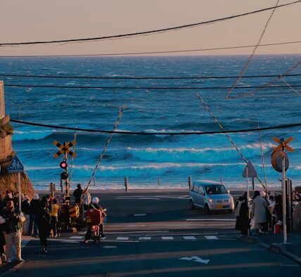 Sunset over Kamakura with Enoden train passing a shrine