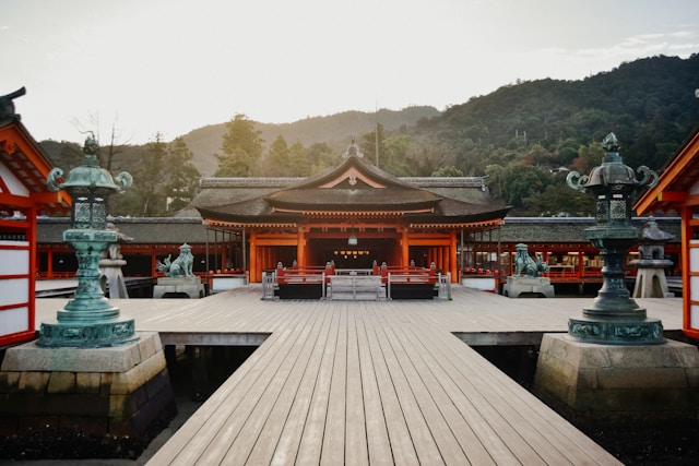 Morning ceremony at a Japanese temple, with monks chanting in a serene atmosphere