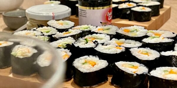 Conveyor belt sushi plates in Osaka restaurant