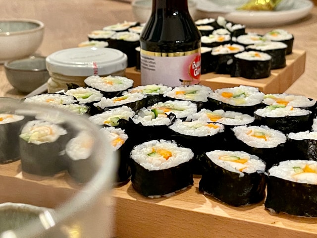 Conveyor belt sushi plates in Osaka restaurant