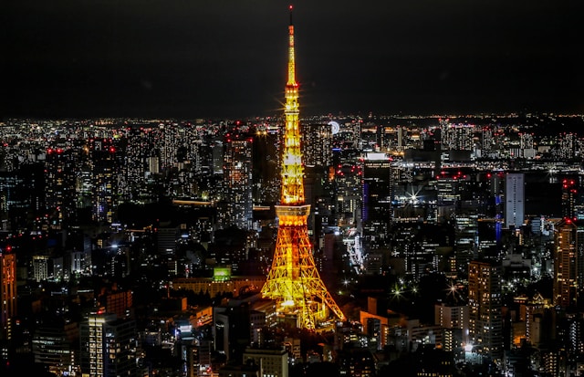 Tokyo skyline at night time with glowing lights
